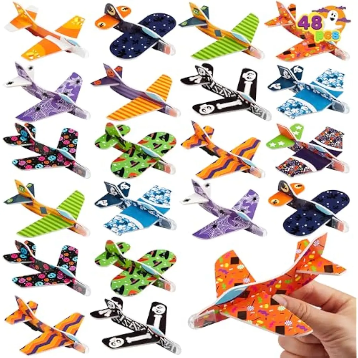 48 PCS Halloween Foam Glider Planes for Kids, Flying Paper Airplane Gliders Toys Bulk for Halloween Party Gifts Presents,12 Different Airplane Designs,Trick or Treats, Party Favor and Supplies