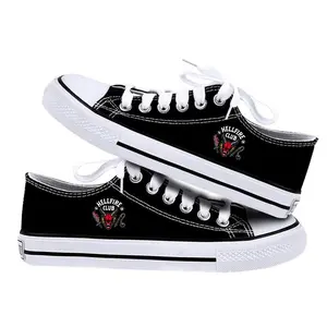 Unisex Black White Low Top Canvas Shoes Stranger Things Hellfire Club Print Casual Sneakers for Comfortable Wear
