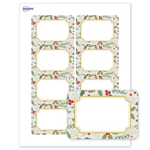 Avery® Printable Christmas Adhesive Name Badges, Rectangle, 2-1/3" x 3-3/8", Pre-Printed Light Blue Border with Metallic Gold Frame Design, Matte White, Laser & Inkjet Compatible, 80 Total