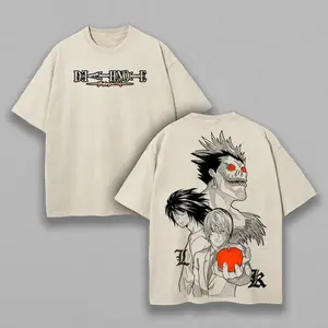 Death Note Ryuk & Light Yagami Retro Washed Heavyweight Cotton T-Shirt. High-Res Graphic Vintage Oversized Tee. Unisex Y2K Mineral Wash Anime Streetwear. Ultimate Father's Day Gift & Casual Top for Manga Fans