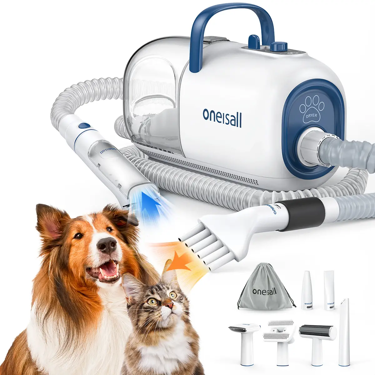 Oneisall Smart Pet Grooming Vacuum Blow Dryer and Clippers, Dog Grooming Kit for Shedding Drying Trimming Pet's Hair, 7 Levels of Blow Temperature, A
