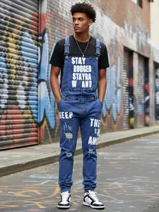 Men's casual outdoor denim overalls, fashionable printed overalls, vintage casual jeans, comfortable and durable design, perfectly suitable for daily wear, versatile style, Denim Cargo Pants