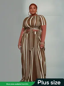 Plus Size Two-Piece Set Fitted Striped Print Knot Front Tee & Skirt, Casual Short Sleeve Round Neck T-shirt & High Waist Maxi Skirt for Spring & Fall, Women's Outfits for Daily Wear
