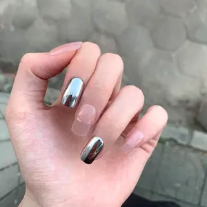 Cross-border influencer-approved electroplated nail patches, silver color-changing medium-long nails, popular metallic sparkling press-on nails, Summer Nails Press on Nails Colorful French Tip False Nails Acrylic Nails for Women