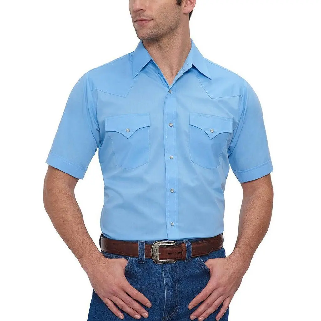 Men's Ely Cattleman Basic Short-Sleeve Plain Western Snap Shirt - Cotton Fabric with Pocket, Casual Menswear Tops, Western Clothes