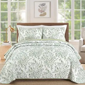 Quilt King Size, Sage Green Quilt Bedding Set with 2 Pillowcases, Botanical Quilt for King Bed, Soft Microfiber Lightweight Coverlet Bedspread for All Season (110"*90", 3 Pieces)