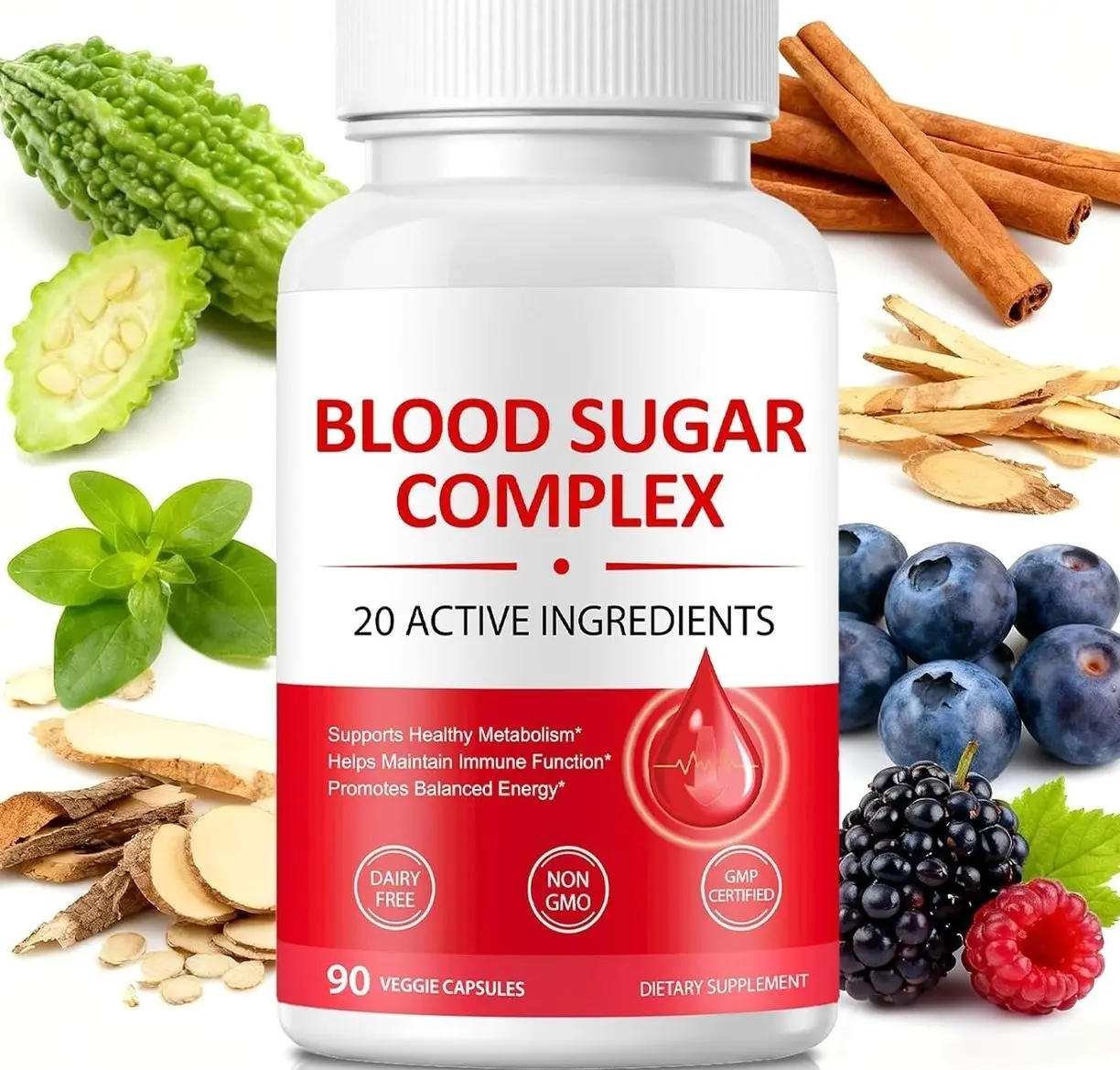 Blood Sugar Complex Supplement |20+ Active Natural Herbs-Cinnamon, Bitter Melon, Mulberry Leaf, Fenugreek, Berberine, Vitamins for Energy Level, Vitality Support |Clean, Non-GMO/Natural|90 Softgel