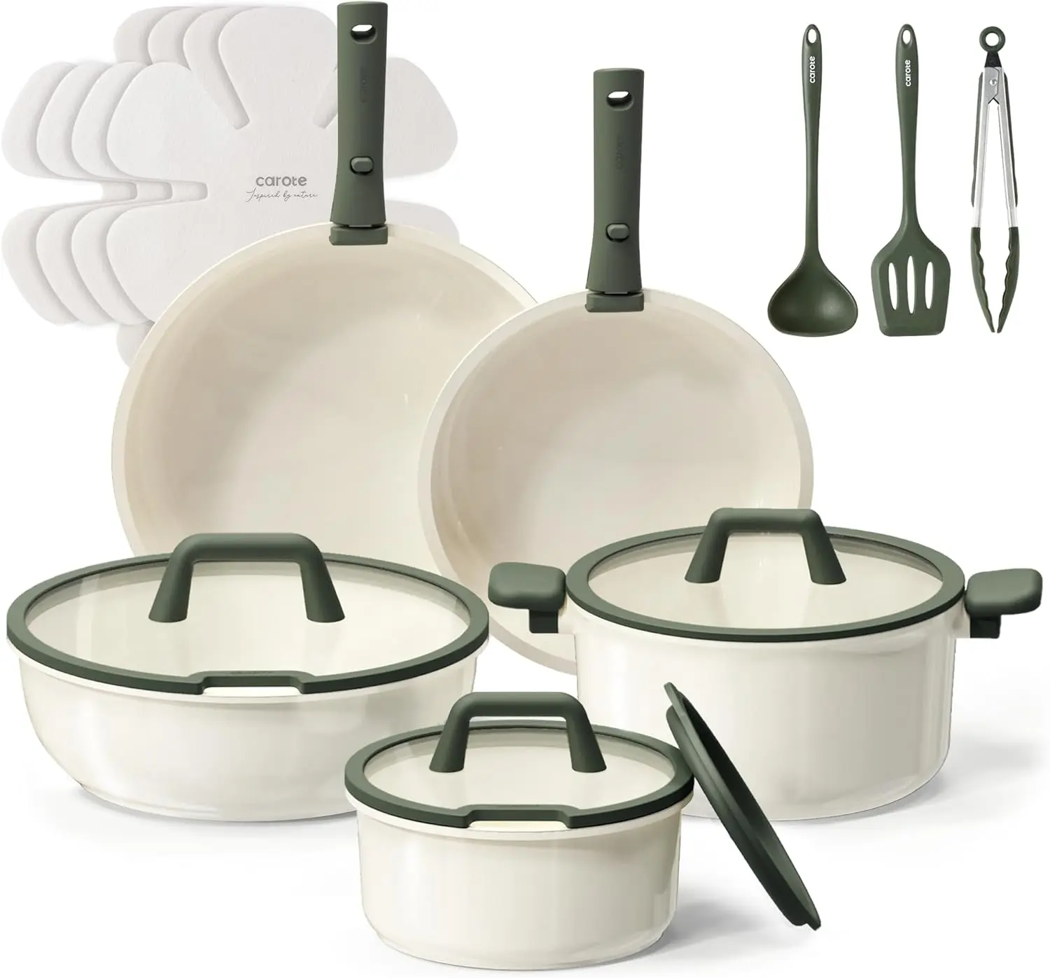 18pcs Ceramic Cookware Set, Pots and Pans Set, Induction Nonstick Kitchen,Non Stick RV Cookware Set with Detachable Handle, Dishwasher/Oven Safe, Green