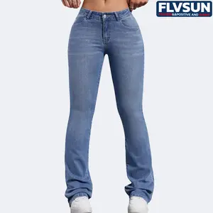Flvsun-Womens Low Waisted Stretchy Flare Jeans Causal Bootcut Denim Pants Jean Streetwear Womenswear