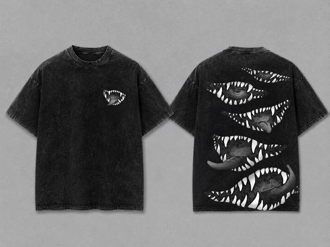 Eldritch Jaws Graphic Shirt, Vintage Monster Mouth Double Sided Tee, Gothic Monster Teeth Apparel, Vintage OversizedTee CasualStreetStyle