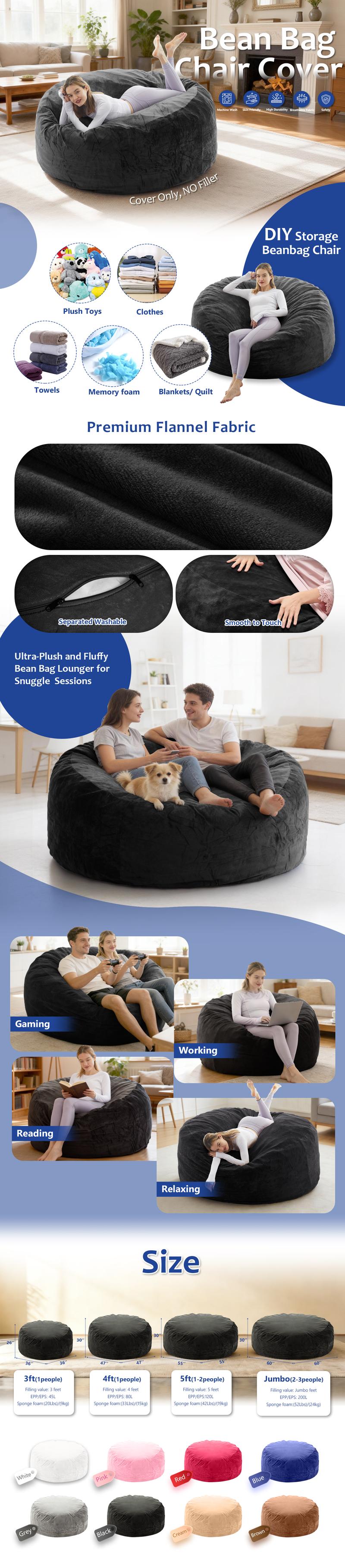 Bean Bag Chair Cover (No Filler), Adult Beanbag Chair Outside Cover Big Round Soft Fluffy Faux Fur Beanbag Lazy Sofa Bed Cover