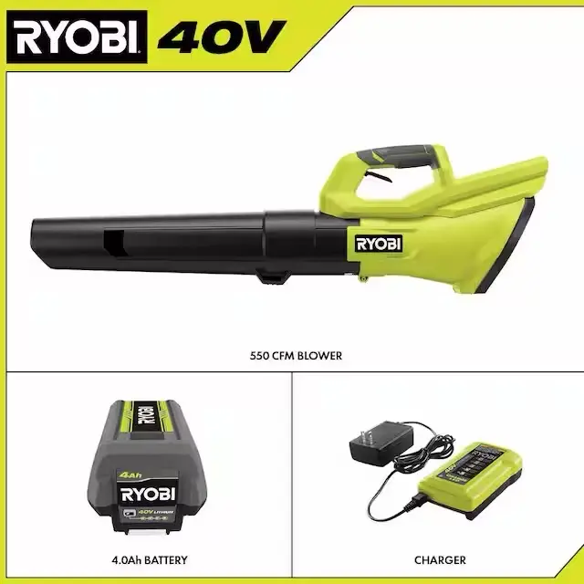 RYOBI Cordless Battery Leaf Blower, 40V, 120 MPH, 550 CFM, With 4.0 Ah Battery and Charger