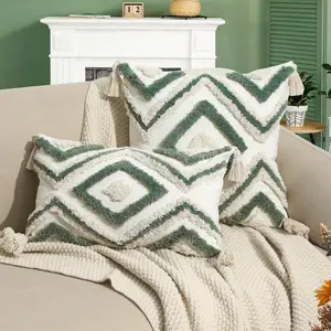 Geometric Pattern Pillow Cover, Nordic Style Moroccan Tufted Embroidery, Corner Fringe Cushion Case, Home Decor Fabric, Durable, No Filler Included