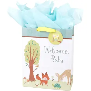 15" Extra Large Baby Gift Bag with Tissue Paper (Woodland Animals) for Baby Showers, New Parents and More
