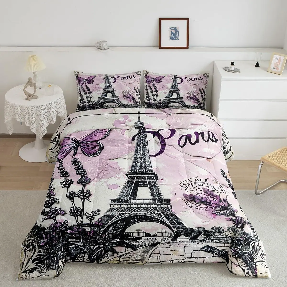 Feelyou Purple Paris Eiffel Tower Geometric Microfiber Queen Comforter Set - Breathable, Machine Washable, Paris Print, Butterfly Lavender Floral, Modern Luxury Romantic French Style Duvet Insert, Microfiber Softness Multi-Size Bedding Sets for Kids