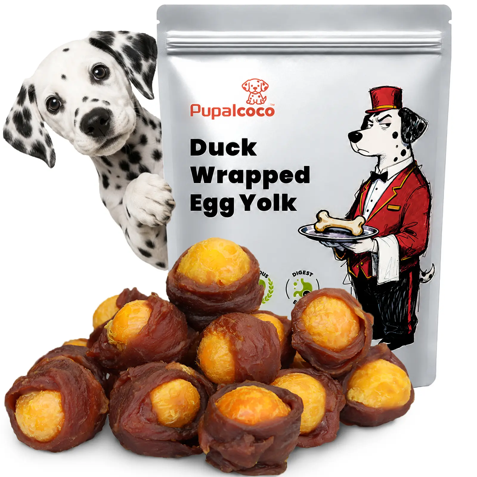 Pupalcoco Dog Treats, Duck Jerky Wrapped Egg Yolk Dog Chews Snacks, 100% Natural Ingredients, High Protein & Lecithin Dog training Treats for Small Medium Large Dogs, Rawhide-Free, Easy to Digest, 10.6oz