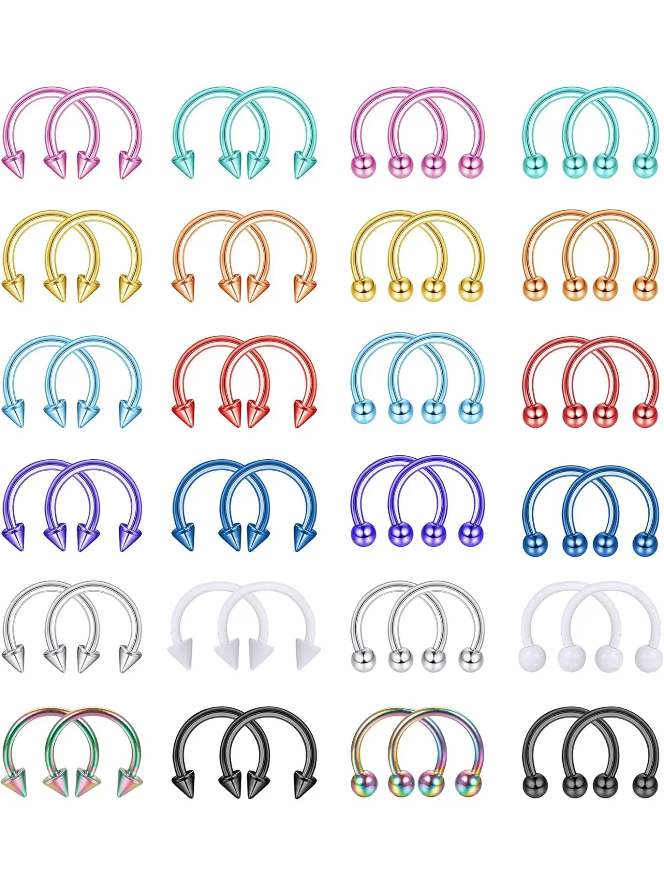 48Pcs 16G Surgical Steel Horseshoe Nose Septum Rings Balls & Spikes Cartilage Helix Tragus Earring Hoop Eyebrow Lip Piercing Ring for Women Men 6mm 8mm 10mm 12mm Side Labret Jewelry Triple Nose Stud