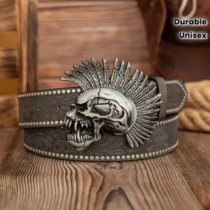 Vintage Skull & Feather Buckle Faux Leather Belt - Retro Alloy Skull Design with Rivets, Black, Brown, Orange, and Golden Options, Unisex for Men & Women, Perfect for Halloween, Mardi Gras, and Everyday Fashion, Halloween Accessorie