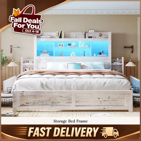 【Ships in 2 Boxes】AMERLIFE Farmhouse Wood Bed Frame with 49.6" Bookcase Headboard with Storage, 2 Bedside Storage Racks, 4 Drawers, RGB LED Lights, Charging Station (Ships in 2 Boxes) - Apartment Furniture, Christmas Gift Idea, Bed Frames #SohoChic