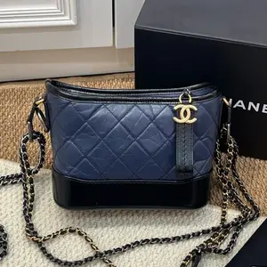 Pre-owned CHANEL Lambskin Shoulder Bags Small Blue and Black Hobo Bag