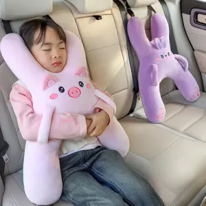 Kids Car Neck Pillow with Seat Belt Safety Sleep Aid for Children Prevent Leaning Head Back Soft Plush Pig Design Comfort During Long Distance Travel