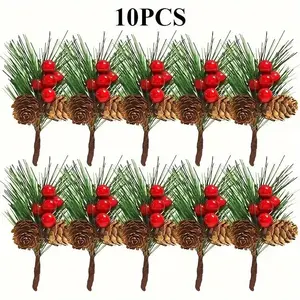 10-Piece Holiday Artificial Pine Cones & Berries Set, Perfect for Christmas Tree Topper, Festive Decorations, Craft Projects