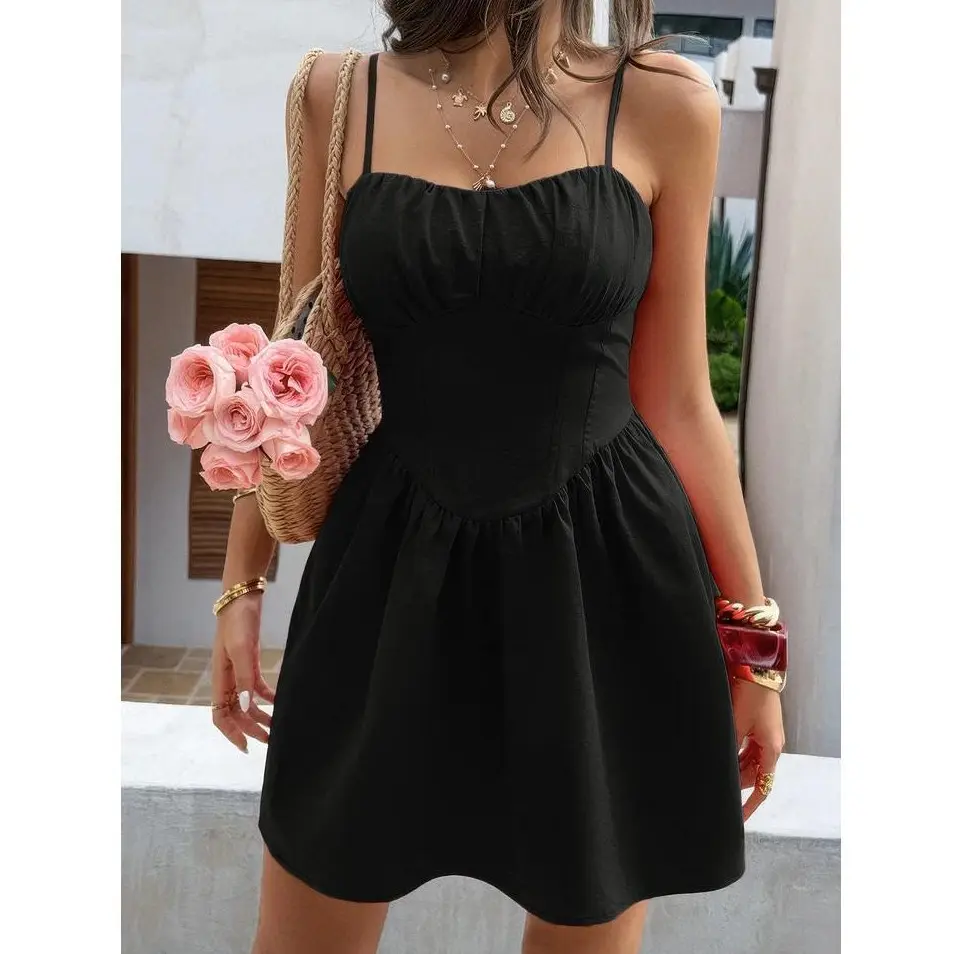 Vyxen Corset Bodice Fit and Flare Mini Dress, Sweetheart Neckline Spaghetti Strap Sleeveless Dress, Structured Seamed Bodice Mini Dress, Sleek Date Night Cocktail Party Outfit, Romantic Aesthetic