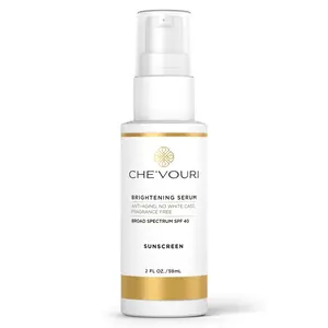 Che'vouri Brightening Serum Sunscreen - SPF 40 - 2 Fl. Oz, pump bottle, no white cast, evens skin tone, anti-aging, hydrating, fragrance free