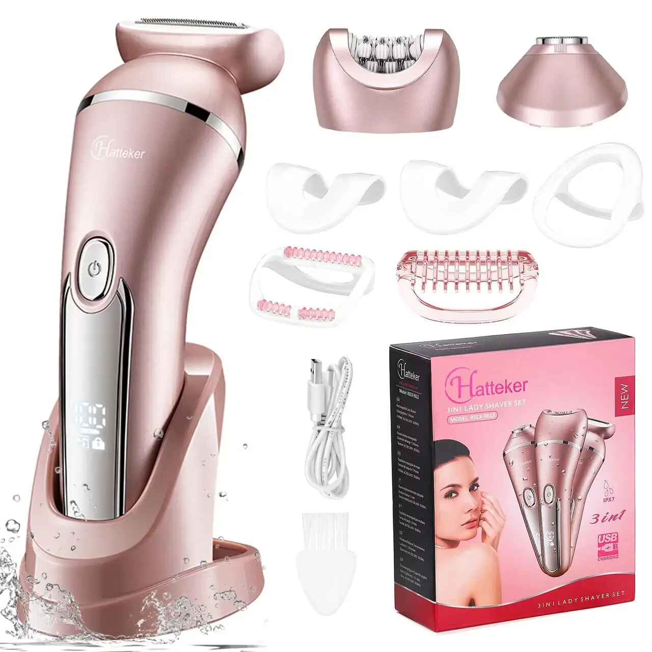 Hatteker Electric Shaver for Women Lady  Electric Razors Kit Hair Remover for Face Chin Arm Leg Armpit Bikini Trimmer Painless Waterproof USB Rechargeable Dry Wet with Detachable Head 3 in 1