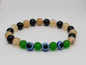 Crystal Moldavite, Evil Eye, Citrine & Obsidian Bracelet 8mm Stretch Unisex bracelet Daily