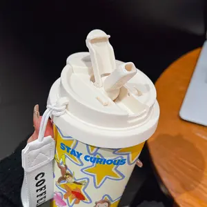 Coffee Cup 530ML Insulated Travel Mug Thermal Flask, Curious Monkey Goldfish Ice Cream Pattern, Dual-Layer Leakproof Handle, Art Lover Gift