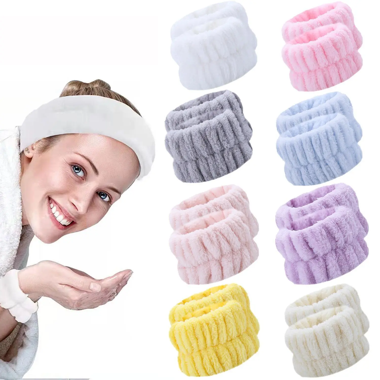 Female 2Pcs-Set Handmade Face Spa Bracelets, Waterproof Sports Wrist Protectors with Headband for Makeup & Hand Wash, 2-Pieces, Handwash Safe