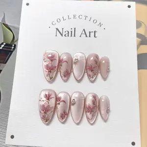 Hand Painted Press On Nails: Pink Flowers Cat Eye, Reusable Faux Nails