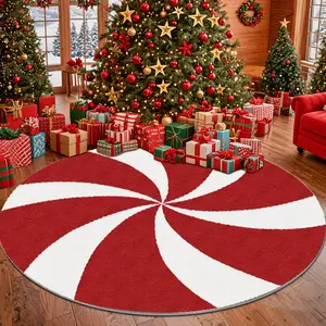 1 Piece Christmas Atmosphere Round Carpet Red Green Candy Pattern Living Room Sofa Carpet Fluffy Soft Bedroom Decoration Plush Rug Home Washable Entrance Non-slip Floor Mat Area Rug