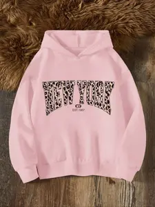 Vintage Leopard Print New York Letter Hoodie, Casual Loose-Fit Fleece Pullover, Fall & Winter Streetwear, Holiday Style