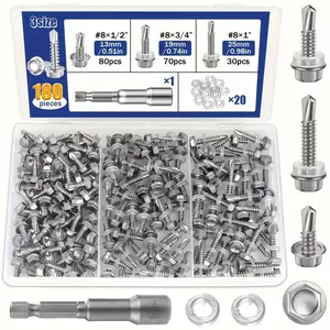 180Pcs 410 Stainless Steel Self-Tapping Screws Assortment Kit – Round Hex Head Screws with Washers, Wrench and Storage Case for Wood & Metal