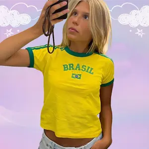 Y2K Brasil Crop Top Baby Tee - Soccer Baby Tee, 90s 2000s Aesthetic, Brasil Shirt, Brasil Top, Brazil Baby Tee, Brazil Crop Top