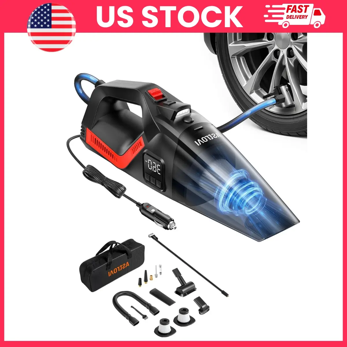 4 in 1 Car Vacuum Cleaner and Tire Inflator Portable Air Compressor 150 PSI with Digital Display LED Light 12V DC Corded Auto Vacuum Pump for Car Interior Cleaning Tire Inflation Emergency Tool Car Accessories for Roadside Use and Travel