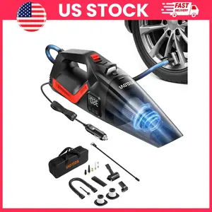 4 in 1 Car Vacuum Cleaner and Tire Inflator Portable Air Compressor 150 PSI with Digital Display LED Light 12V DC Corded Auto Vacuum Pump for Car Interior Cleaning Tire Inflation Emergency Tool Car Accessories for Roadside Use and Travel