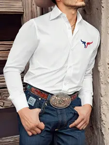 Men's Casual Business Shirt, Denim Head Print, Fitted Long Sleeve Western Button-Up, Perfect for Jeans or Suits, Office Commute & Outdoor Wear, Animal Print Shirt