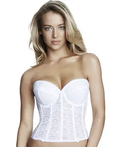 Dominique Annabel Longline Lace Strapless Bra #7749 - Low Back Plunge Bridal Corset with Full Coverage Cups & Detachable Garters - Supportive Shapewear Bustier for Wedding Dresses - White
