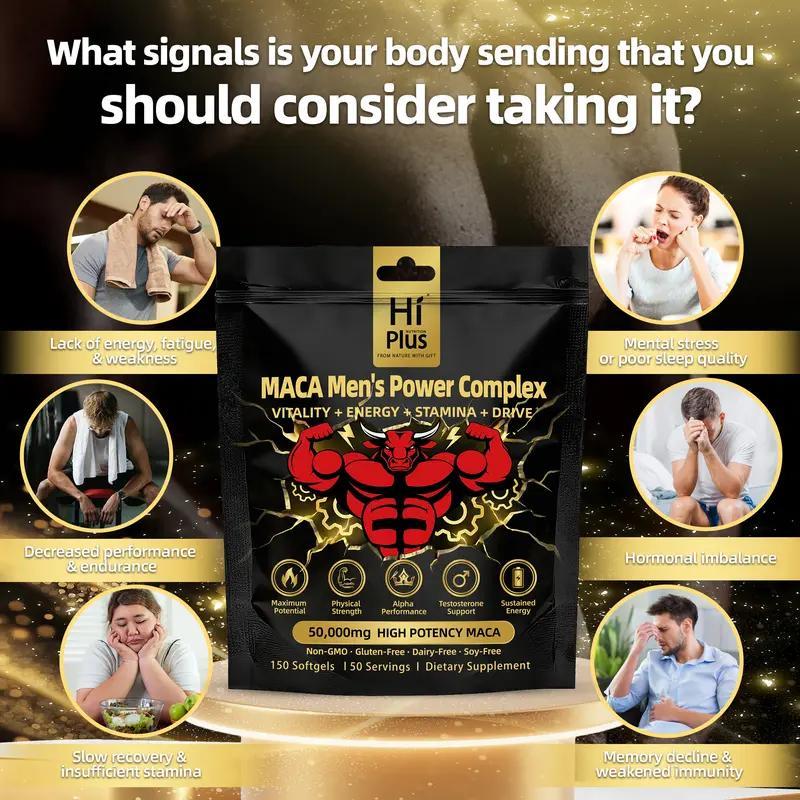 HiPlus 50,000mg Shilajit Maca Capsules with Ashwagandha & Panax Ginseng - Support Natural Energy, Stamina & Vitality for Men - 150 Softgels