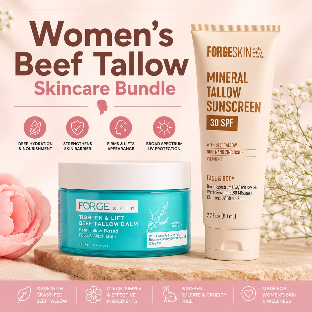 Women's Beef Tallow Skincare Bundle: Forge Skin Tighten & Lift Beef Tallow Balm - Hydrating Moisturizer + Mineral Tallow Non Nano Zinc Oxide Sunscreen SPF 30