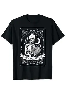Crochet Skull Tarot Card Knitted Fitted T-Shirt, Perfect Gift for Knitting & Crochet Enthusiasts, Unique Design Craft Hobbyist Tee