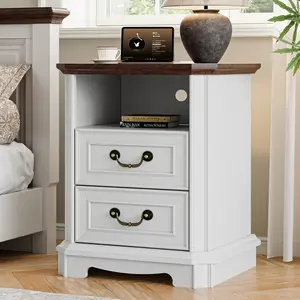 Farmhouse Nightstand with Charging Station, 18" Side Table with 2 Storage Drawers, Rustic Wood Night Stand with Metal Handle, Wooden Bedside End Table Small Dresser for Bedroom, Living Room, White