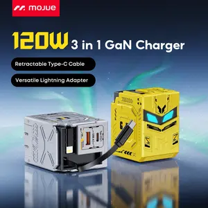 MOJUE Retractable Charger Wall Plug with Type C Cables Cords, Equipped with Type-C to Lightning Adapter, 120W Fast Charging Foldable Block Multi Charger, 4-in-1 Travel Essentials Brick Multiport for iPhone 17/16/15/14/13/12, iPad, Galaxy, LG, Pixel box