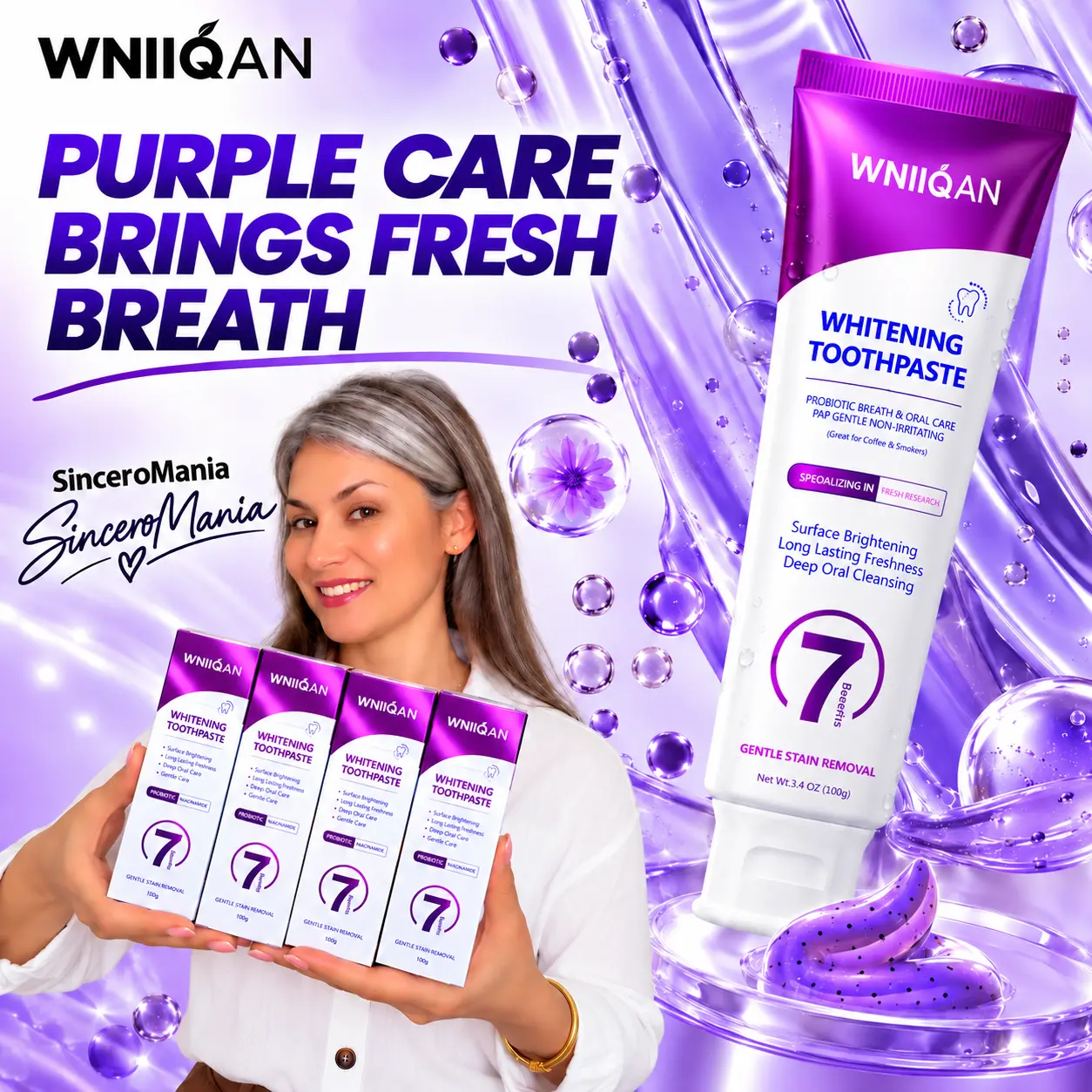 WNIIQAN Purple Gel Toothpaste with Probiotic Oral Care, Fresh Breath Support, Gentle Daily Care, Everyday Oral Care Essentials, 4 Pack