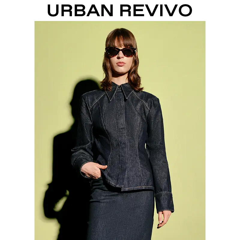 URBAN REVIVO Women's Vintage Dark Denim Blouse - Minimalist Slim-Fit Long-Sleeve Collared Vintage Top, Vintage Tops, Blouses