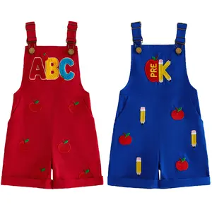 PYBCVRRD Kids Toddler Boy Girls Shorts Overalls Back to School Letter Apple Embroidery Sleeveless Jumpsuit
