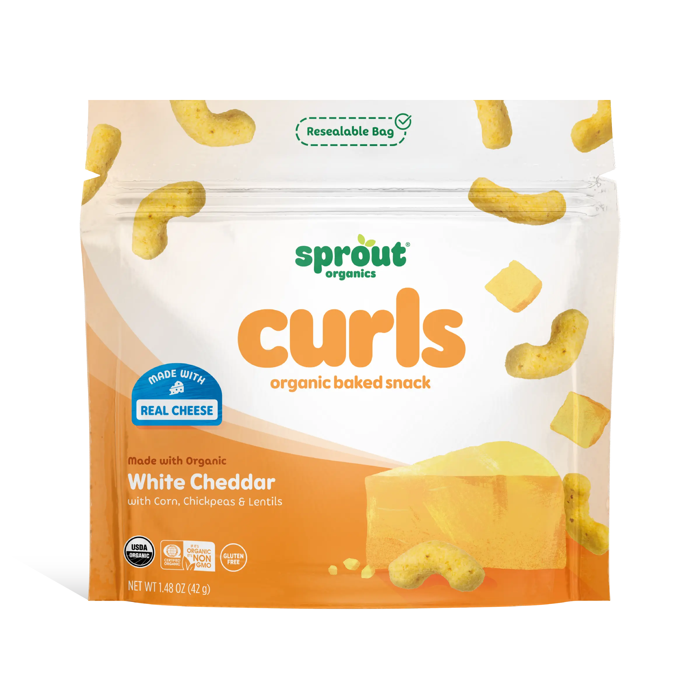 Curls White Cheddar – Organic Crunchy Savory Baked Snack – with Real Cheese, Chickpea & Lentils